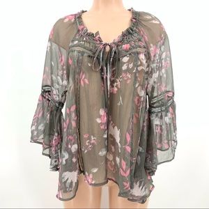 Rock & Roll Cowgirl Sheer Floral Blouse Top